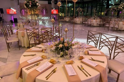 Montage de photos d'un mariage avec des invités, décorations, voitures, buffet et espaces extérieurs verdoyants.