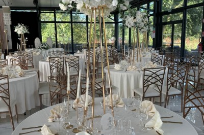 Montage de photos d'un mariage avec des invités, décorations, voitures, buffet et espaces extérieurs verdoyants.