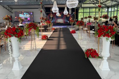 Montage de photos d'un mariage avec des invités, décorations, voitures, buffet et espaces extérieurs verdoyants.