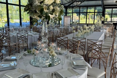 Montage de photos d'un mariage avec des invités, décorations, voitures, buffet et espaces extérieurs verdoyants.