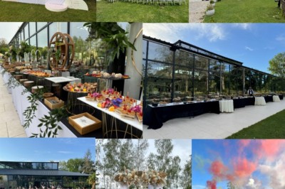 Montage de photos d'un mariage avec des invités, décorations, voitures, buffet et espaces extérieurs verdoyants.