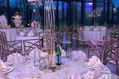 Montage de photos d'un mariage avec des invités, décorations, voitures, buffet et espaces extérieurs verdoyants.