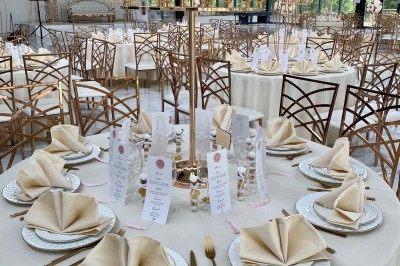 Montage de photos d'un mariage avec des invités, décorations, voitures, buffet et espaces extérieurs verdoyants.