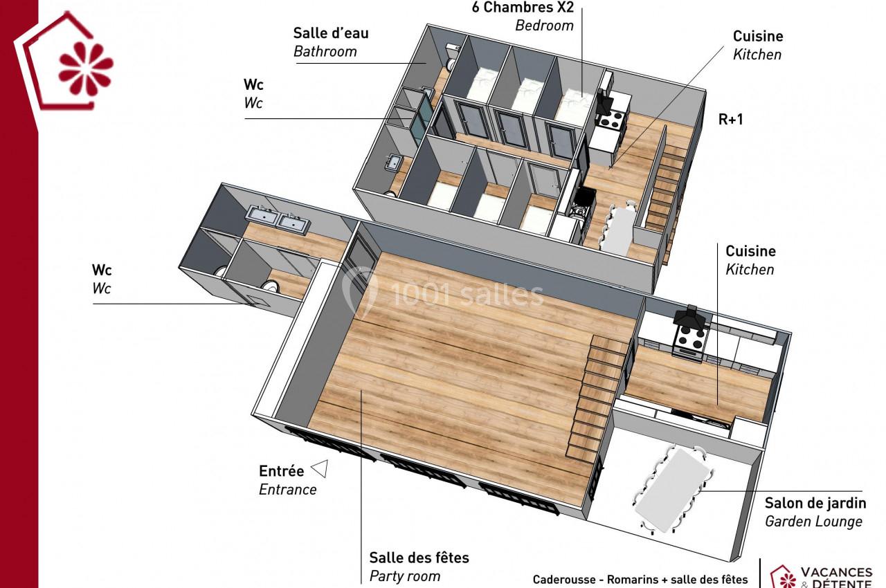 Plan 3D d'une maison avec plusieurs pièces identifiées, dont chambres, cuisines, salle des fêtes et salon de jardin.