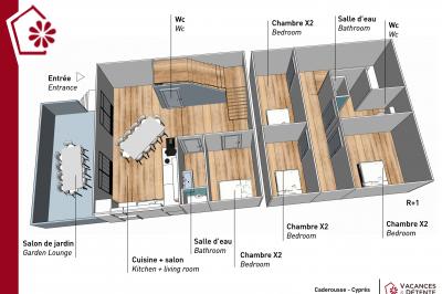 Salle de bain moderne avec carrelage gris, meuble suspendu, miroir, petite fenêtre et poubelle blanche au sol.