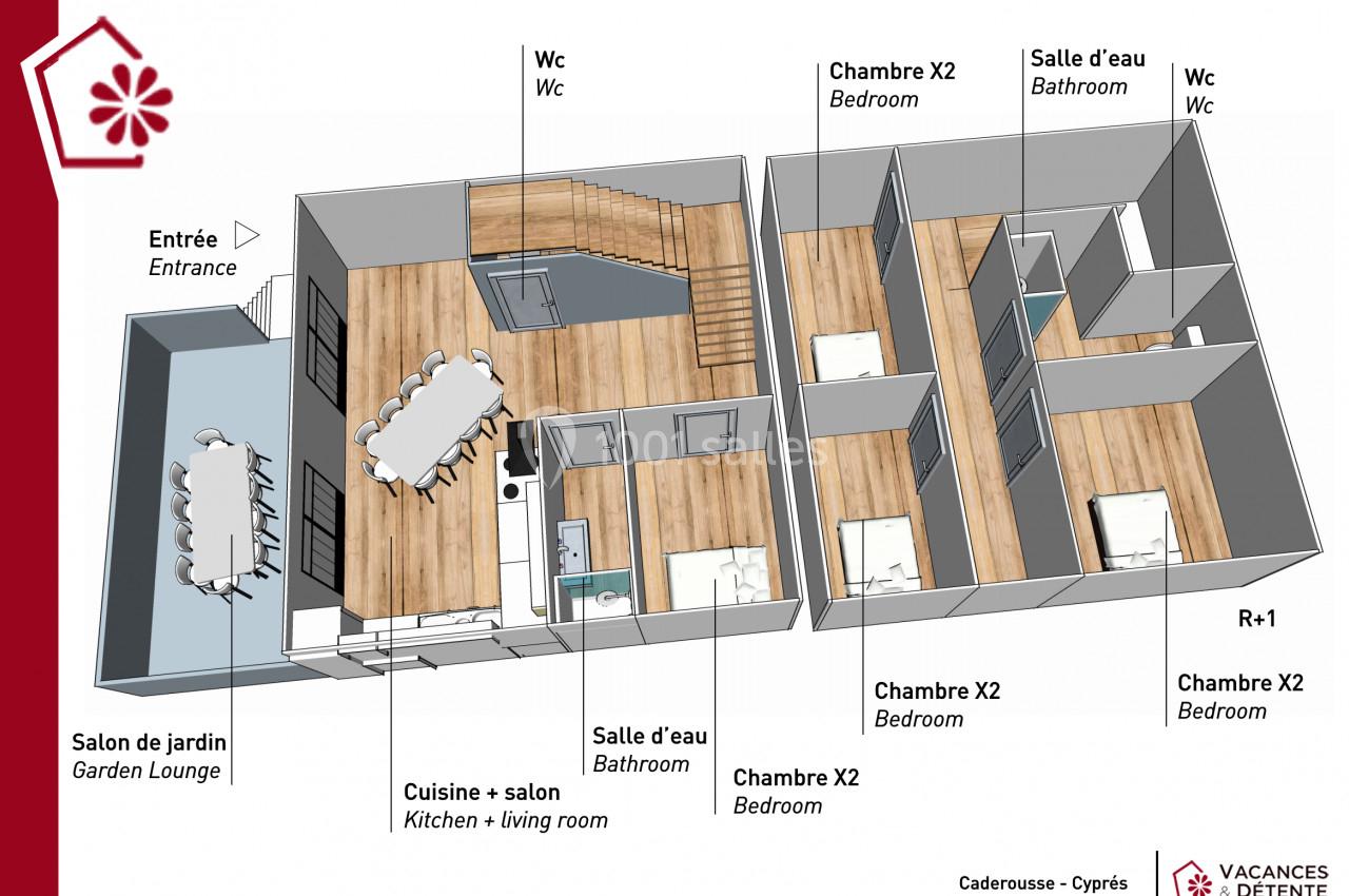 Plan en 3D d'une maison avec un rez-de-chaussée comprenant salon, cuisine et salle d'eau, et un étage avec chambres et…