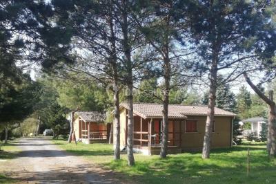 Des personnes assises en extérieur assistent à une cérémonie devant des tables décorées, près de chalets en bois.