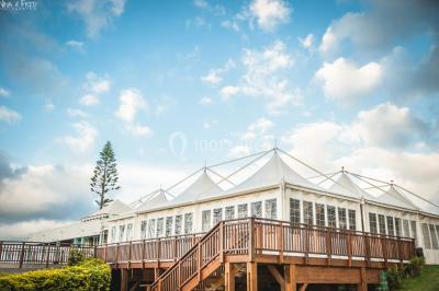 Buffet lumineux avec compartiments remplis de salades et condiments, entouré de bols dans une salle de restaurant.