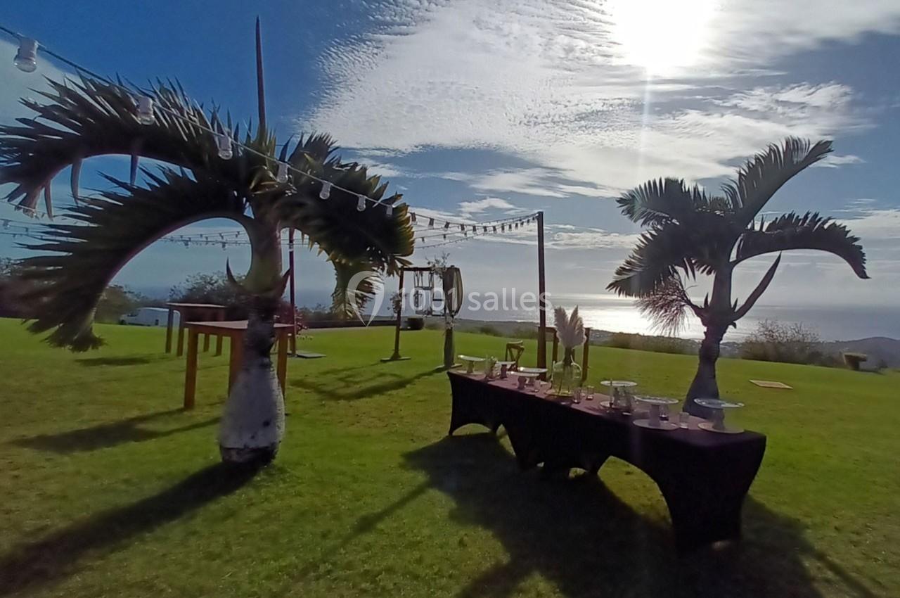 Table dressée en extérieur sous des palmiers, avec vue sur la mer et un ciel partiellement nuageux.