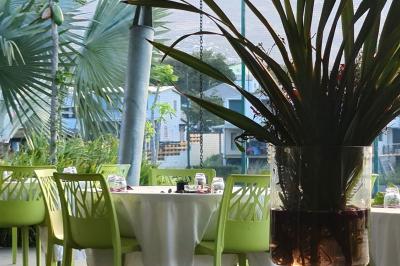 Salle à manger extérieure avec tables rondes dressées, chaises vertes et vue sur un jardin et des collines.