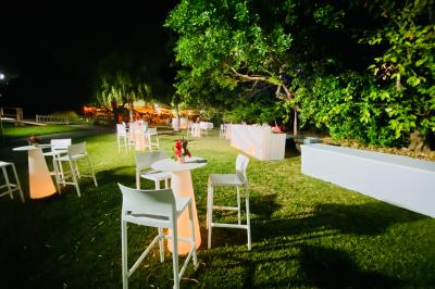 Groupe de personnes rassemblées dans un jardin éclairé par des guirlandes lumineuses lors d'un événement nocturne.