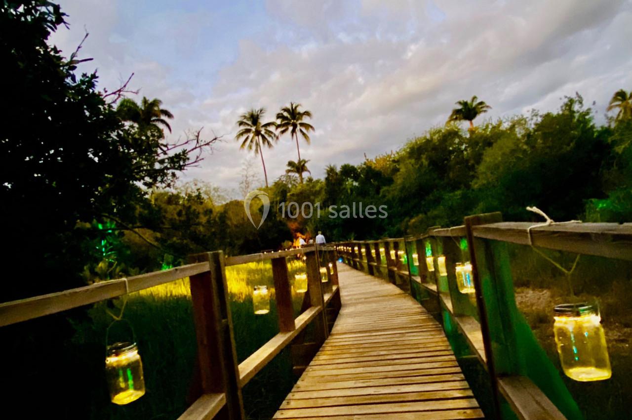 Passerelle en bois éclairée par des lanternes suspendues, traversant une végétation tropicale au crépuscule.