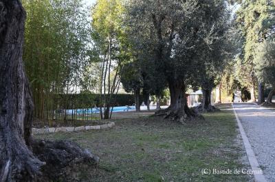 Chambre avec un lit double, éclairage doux et une grande bibliothèque en bois remplie de livres en arrière-plan.
