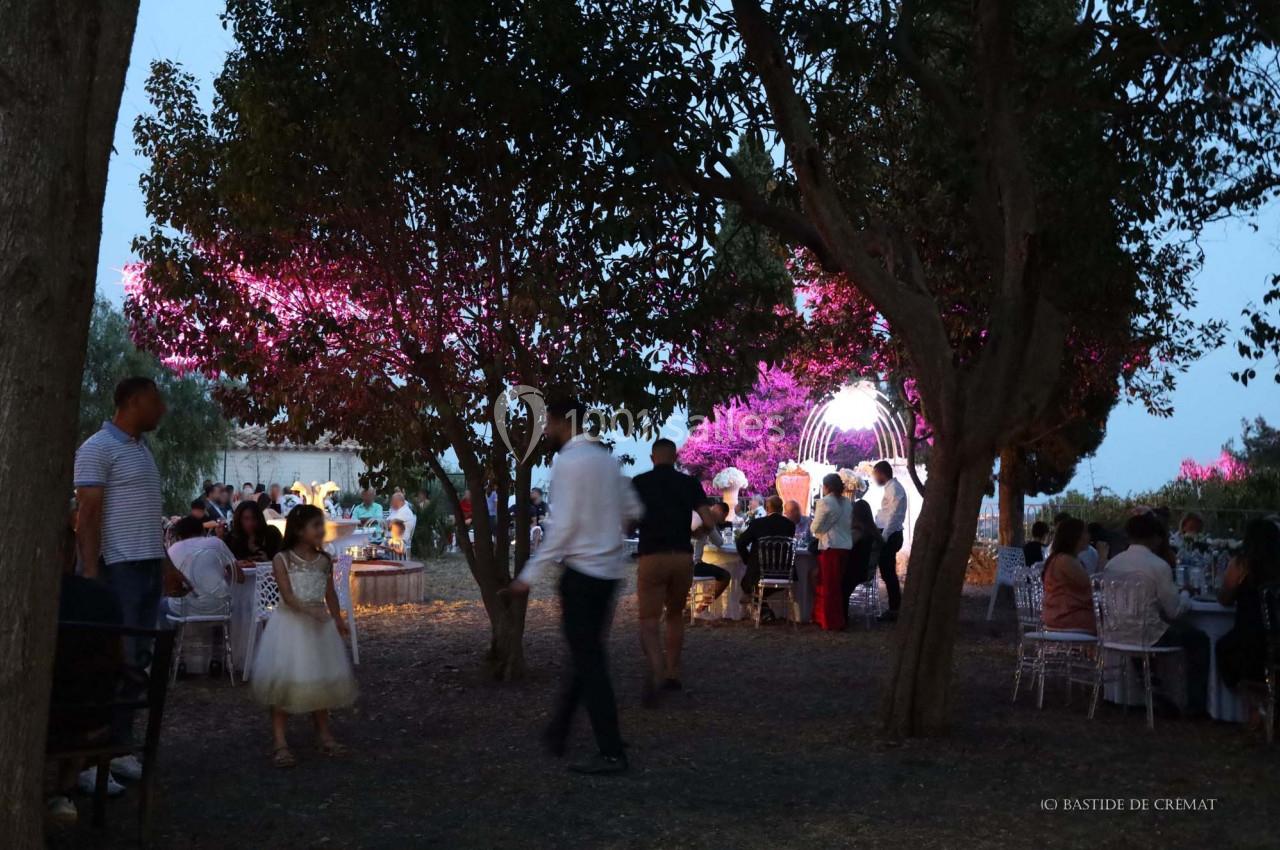Groupe de personnes réunies en soirée dans un jardin éclairé par des lumières colorées sous des arbres.