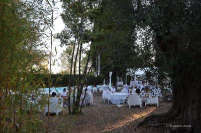 Chambre avec un lit double, éclairage doux et une grande bibliothèque en bois remplie de livres en arrière-plan.