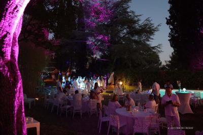 Chambre avec un lit double, éclairage doux et une grande bibliothèque en bois remplie de livres en arrière-plan.