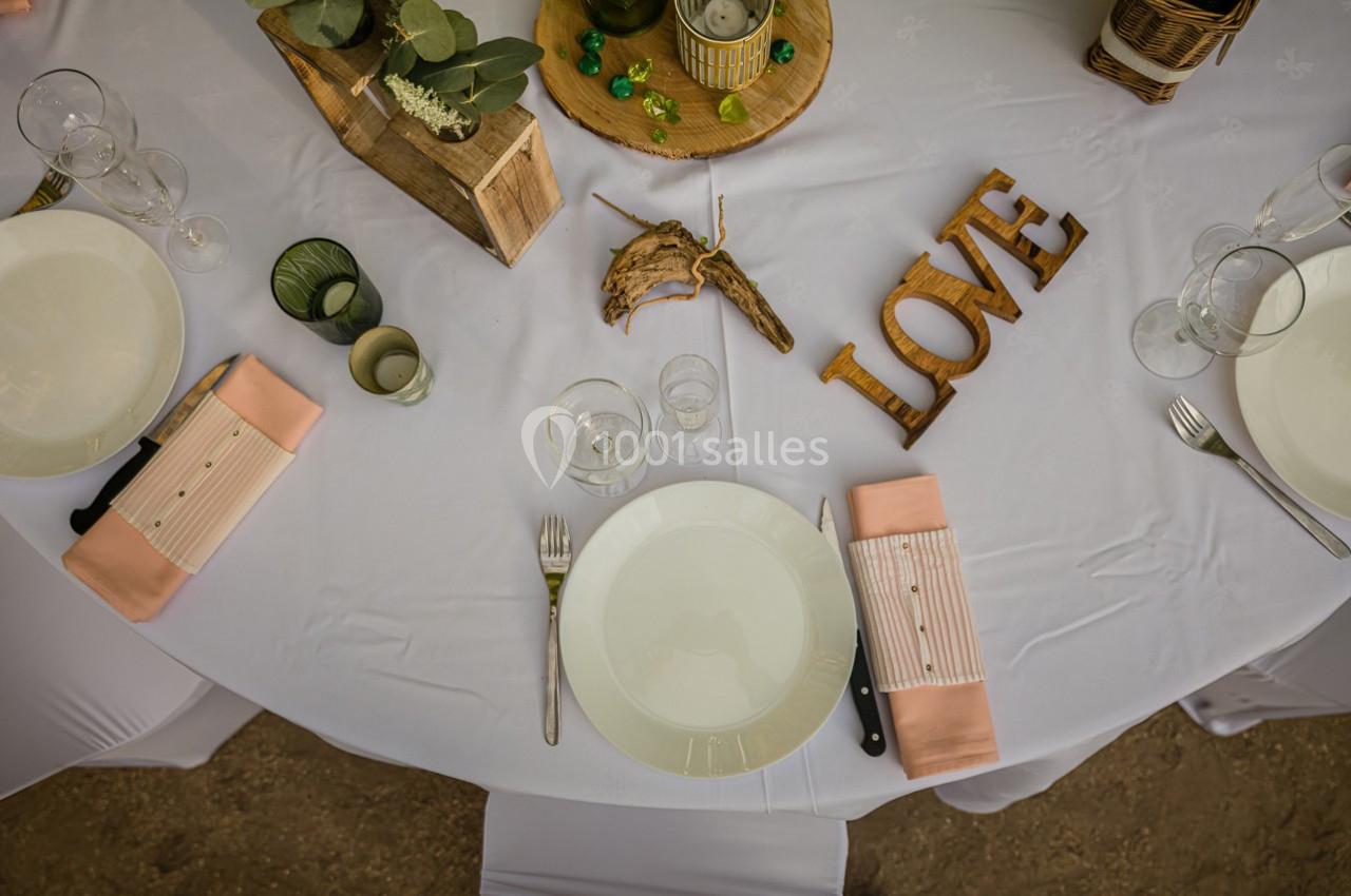 Table décorée avec des assiettes blanches, serviettes roses, éléments en bois et centre de table végétal.