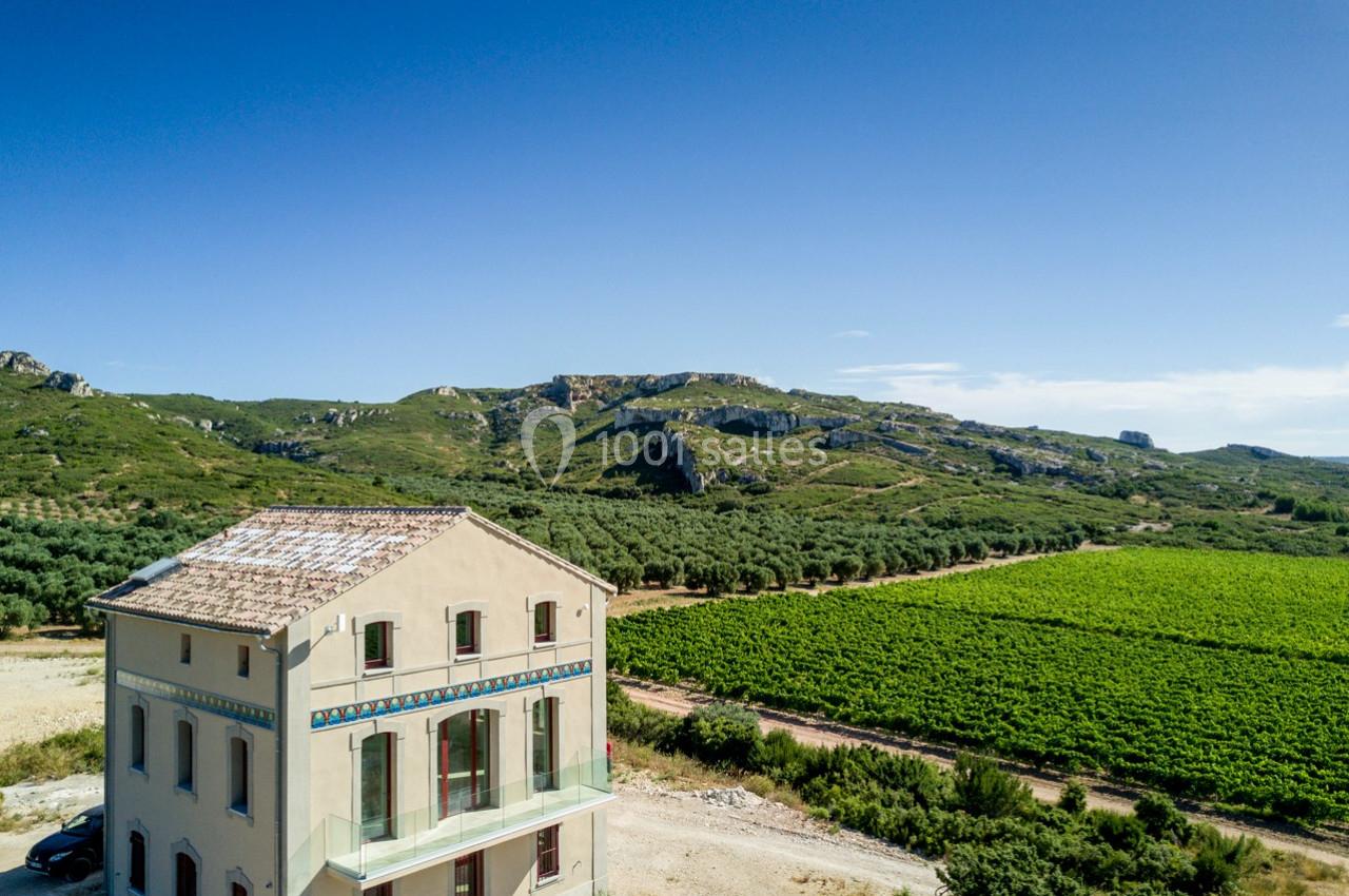 Vue aérienne d'une maison entourée de vignes et d'oliveraies, avec des collines en arrière-plan sous un ciel dégagé.