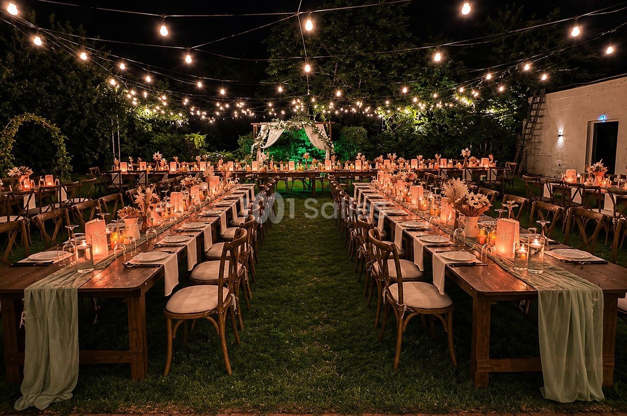 Tables en bois décorées avec des bougies et des fleurs, disposées en extérieur sous des guirlandes lumineuses la nuit.