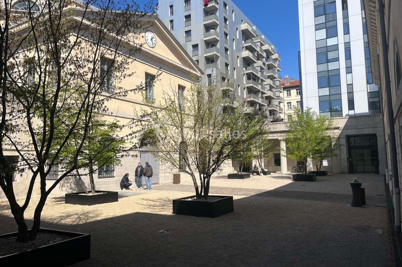 Cour urbaine avec arbres plantés, bâtiments modernes et anciens en arrière-plan, quelques personnes présentes.
