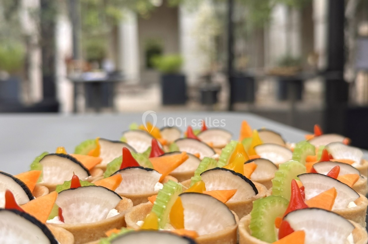 Assortiment de bouchées apéritives colorées garnies de légumes frais, disposées sur une table en extérieur.