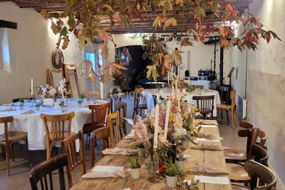 Vue aérienne d'une ferme en pierre entourée de champs verdoyants, avec des personnes rassemblées dans la cour.