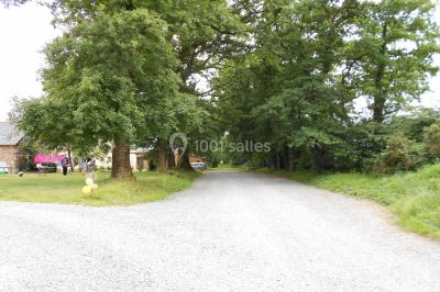 Allée bordée de végétation dense avec un château gonflable coloré visible à gauche et des bâtiments en arrière-plan.