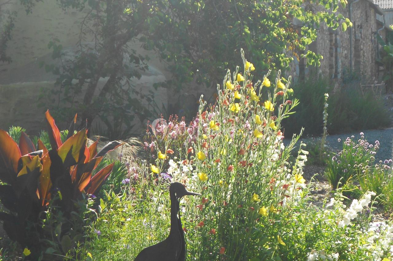 Jardin ensoleillé avec des fleurs colorées, un arbuste et une sculpture métallique en forme d'oiseau au premier plan.