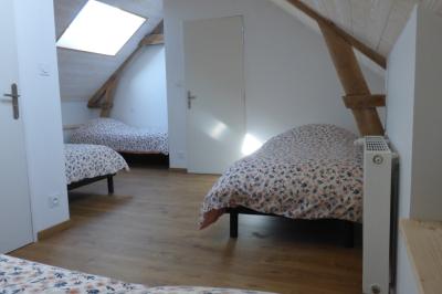 Allée bordée de végétation dense avec un château gonflable coloré visible à gauche et des bâtiments en arrière-plan.