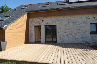 Allée bordée de végétation dense avec un château gonflable coloré visible à gauche et des bâtiments en arrière-plan.