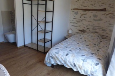 Allée bordée de végétation dense avec un château gonflable coloré visible à gauche et des bâtiments en arrière-plan.