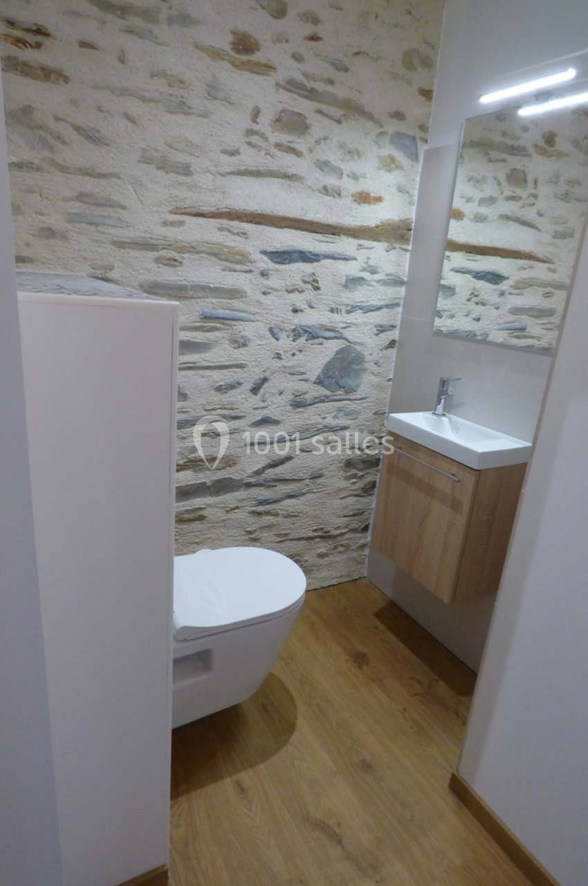 Toilettes modernes avec mur en pierre apparente, sol en bois, lavabo suspendu et miroir éclairé.