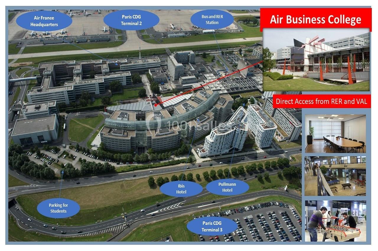 Vue aérienne d'un campus avec des bâtiments, parkings, hôtels et accès direct aux transports en commun.