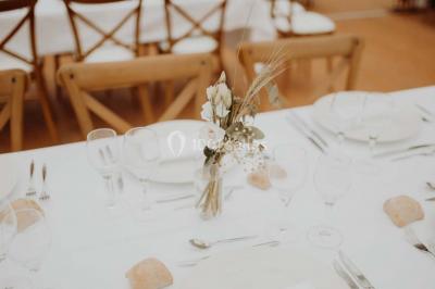 Paysage rural avec une clôture en bois, des champs verdoyants, des arbres et un bâtiment en pierre sous un ciel…