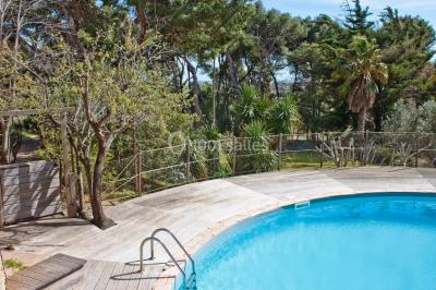 Fauteuils en rotin avec coussins blancs disposés dans un cadre naturel entouré d'arbres et de végétation.