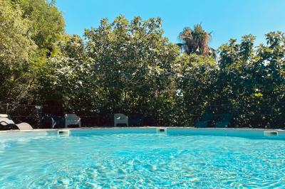 Fauteuils en rotin avec coussins blancs disposés dans un cadre naturel entouré d'arbres et de végétation.