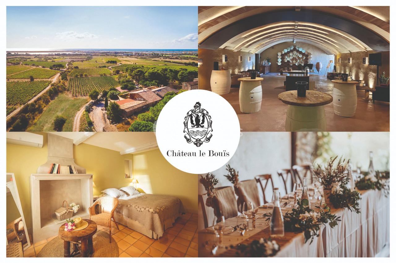 Vue d'un domaine viticole avec vignobles, salle de réception, chambre élégante et table de banquet décorée.