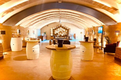 Fauteuils en rotin avec coussins blancs disposés dans un cadre naturel entouré d'arbres et de végétation.