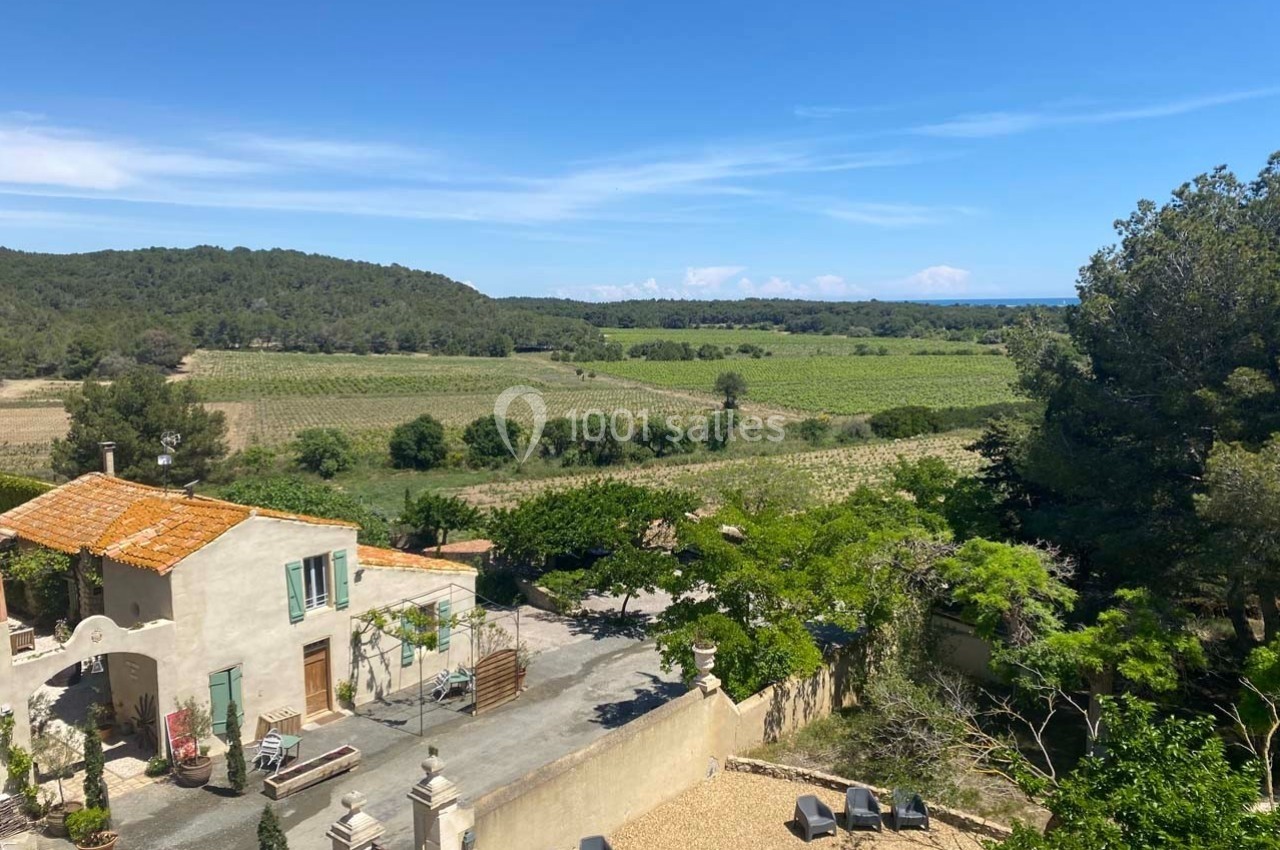 Vue d'une maison en pierre entourée de vignes et de verdure sous un ciel bleu dégagé.