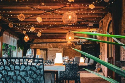 Fauteuils en rotin avec coussins blancs disposés dans un cadre naturel entouré d'arbres et de végétation.