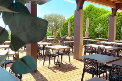 Fauteuils en rotin avec coussins blancs disposés dans un cadre naturel entouré d'arbres et de végétation.