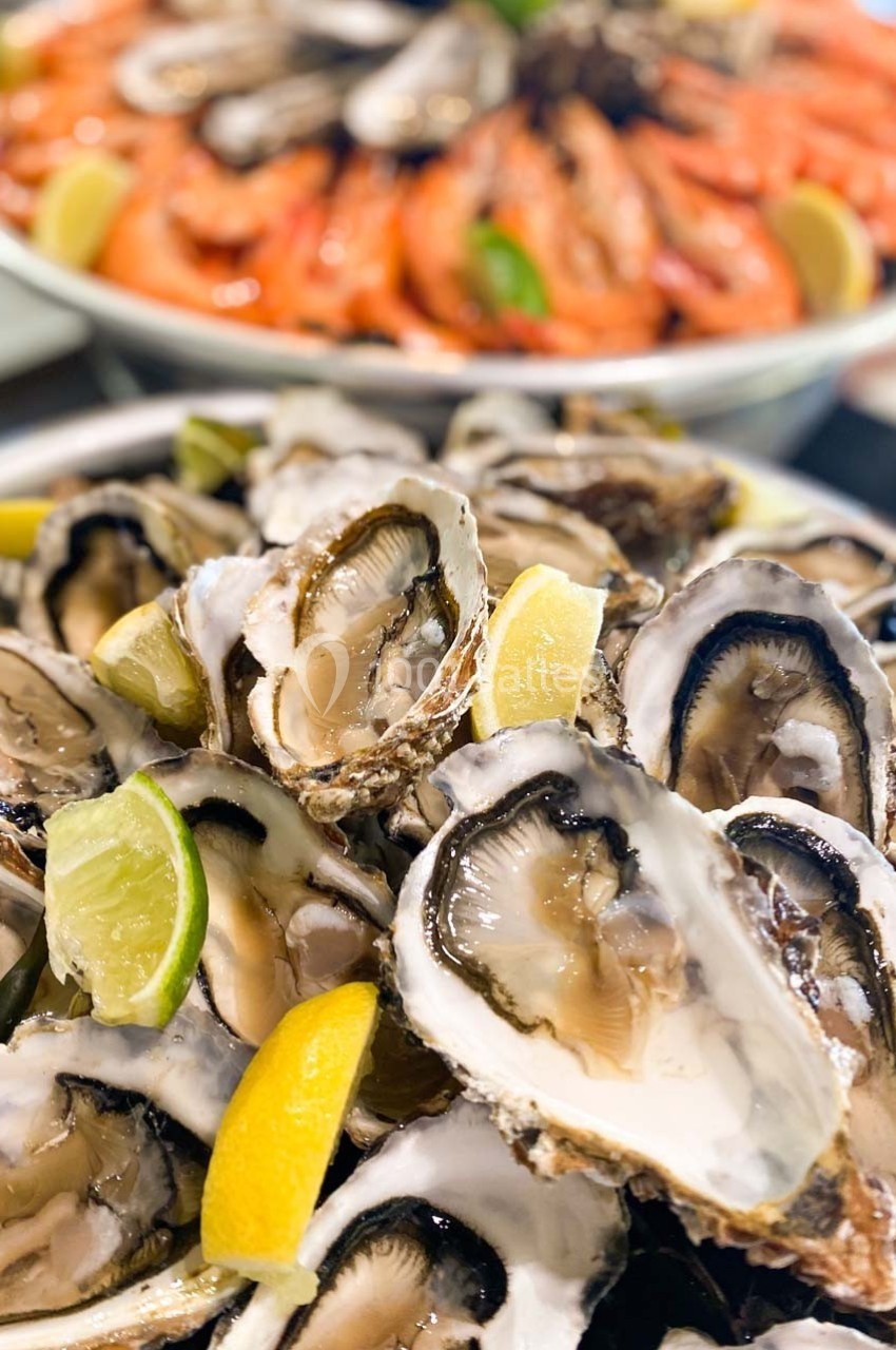 Plateau d'huîtres ouvertes avec quartiers de citron au premier plan, crevettes en arrière-plan flou.