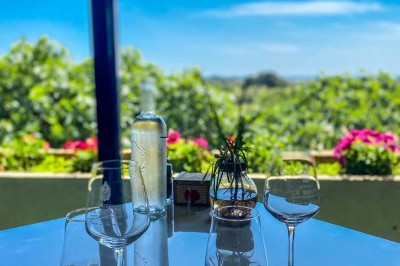 Fauteuils en rotin avec coussins blancs disposés dans un cadre naturel entouré d'arbres et de végétation.