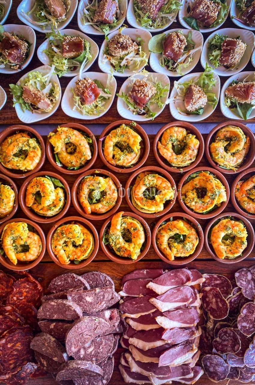 Assortiment de tapas comprenant charcuterie, crevettes en sauce et bouchées sur lit de salade.