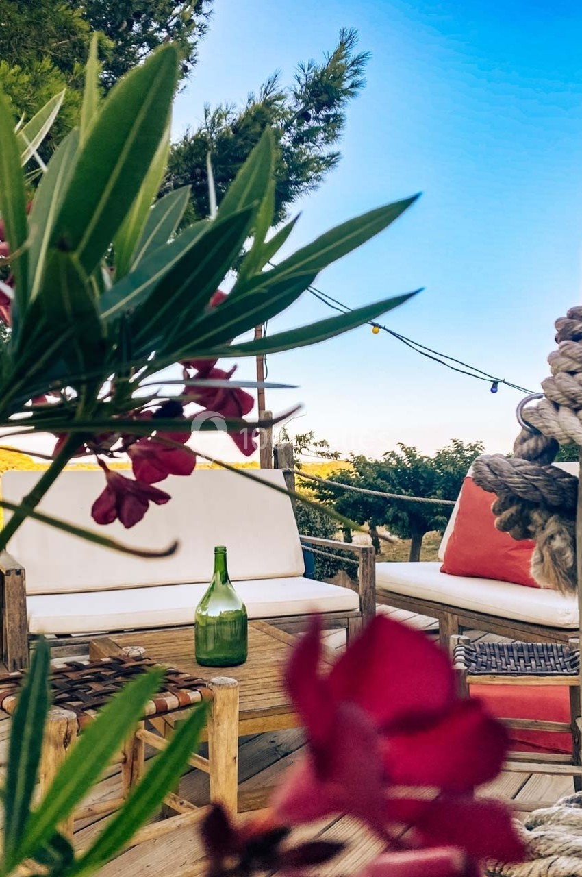 Mobilier de jardin en bois avec coussins, entouré de végétation, sous un ciel bleu dégagé.
