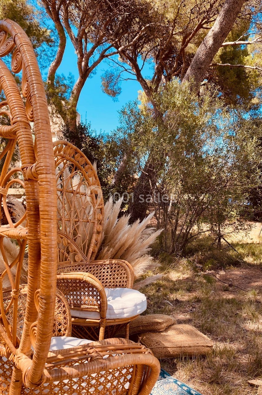 Fauteuils en rotin avec coussins blancs disposés dans un cadre naturel entouré d'arbres et de végétation.