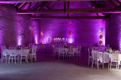 Salle voûtée avec colonnes en pierre, décorée de guirlandes végétales et éclairée par des lumières rouges et un DJ en…