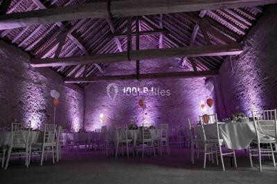 Salle voûtée avec colonnes en pierre, décorée de guirlandes végétales et éclairée par des lumières rouges et un DJ en…