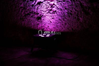 Salle voûtée avec colonnes en pierre, décorée de guirlandes végétales et éclairée par des lumières rouges et un DJ en…