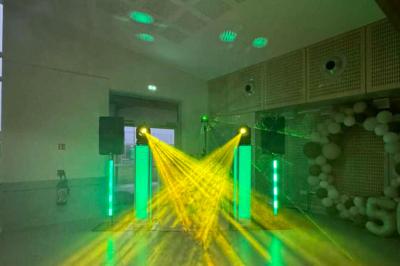 Salle voûtée avec colonnes en pierre, décorée de guirlandes végétales et éclairée par des lumières rouges et un DJ en…